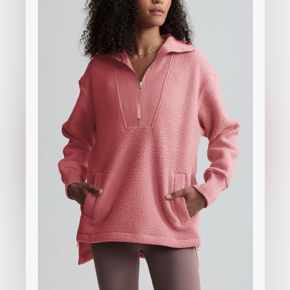 NEW Half Zip Sherpa Fleece Pullover Lightweight Soft Fuzzy Sweatshirt L Pocket S